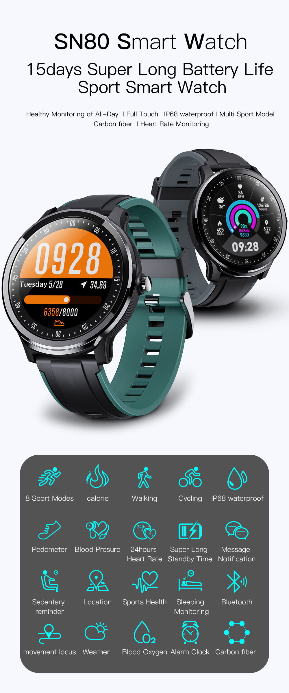 SN80 Smart Watch Fitness Tracker with Heart Rate Monitor