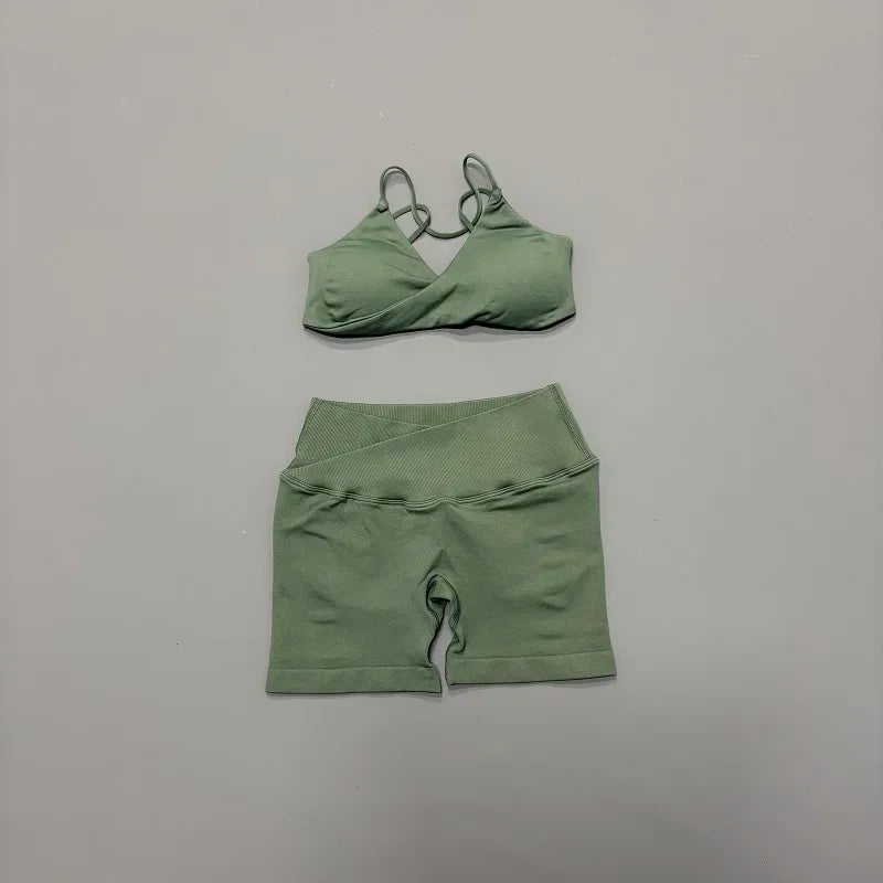 Halter Bra & Cross Waist Shorts Set – Butt Lifting Gym Set
