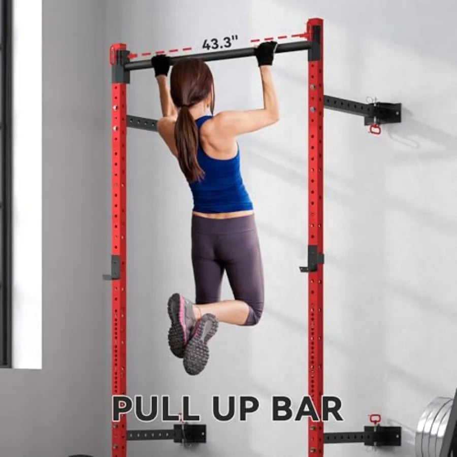 Wall Mounted Folding Squat Rack – 1,000 lb Capacity with Adjustable Pull-Up Bar & J-Hooks