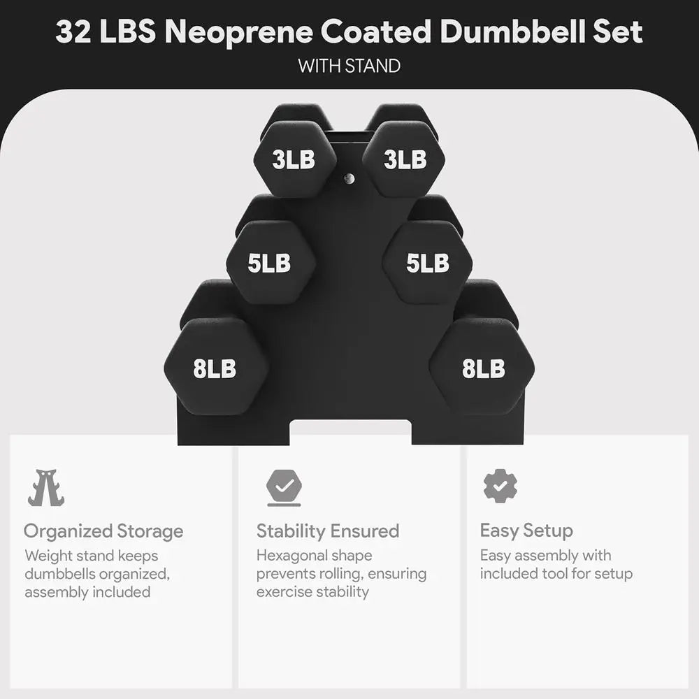 Neoprene Dumbbell Set with Stand (3, 5 & 8 lb Pairs)
