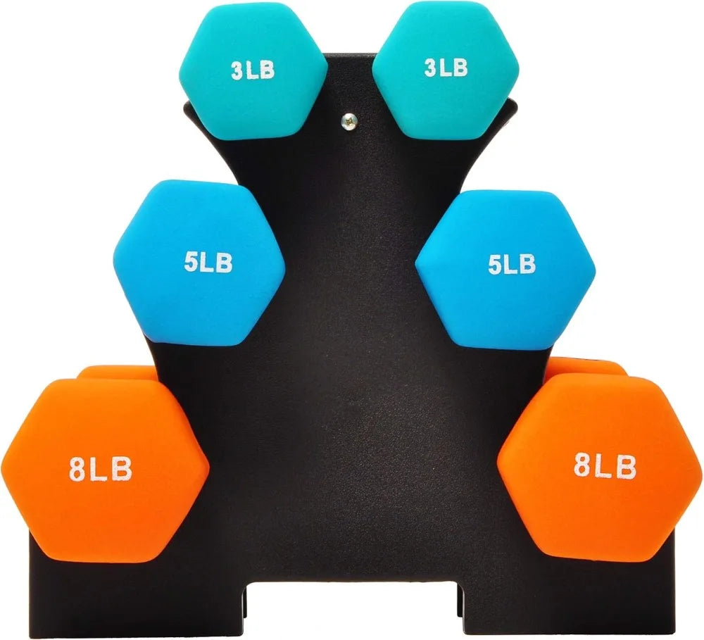 Neoprene Dumbbell Set with Rack – 3, 5 & 8 lb Pairs | Home Gym