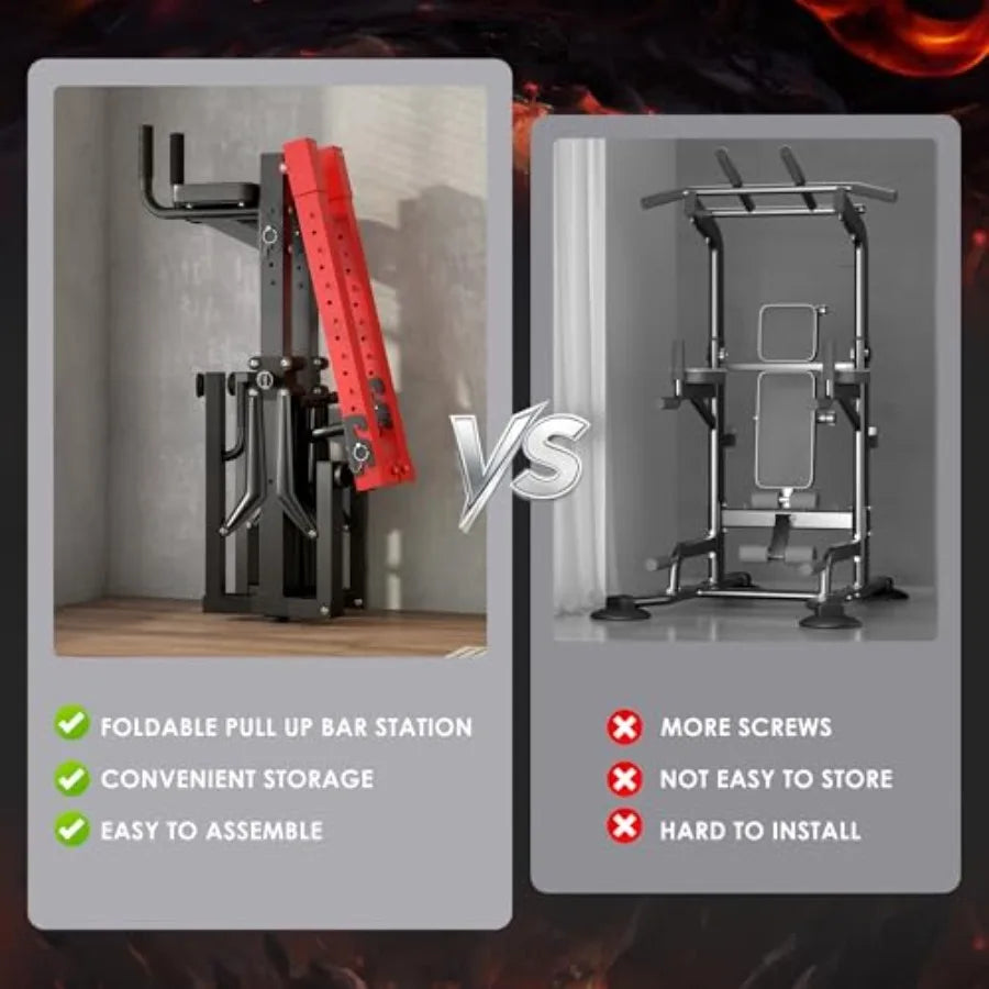 Foldable Power Tower Pull-Up & Dip Station – Multi-Function Adjustable Height Home Gym