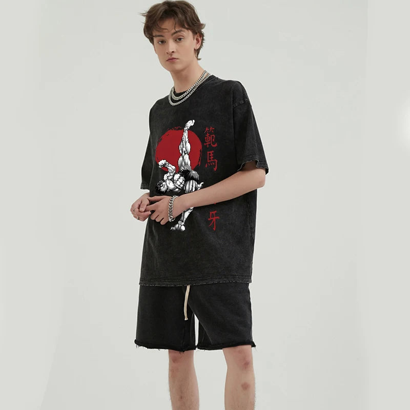 Anime Print Oversized Gym T-Shirt – Unisex Cotton Workout Tee