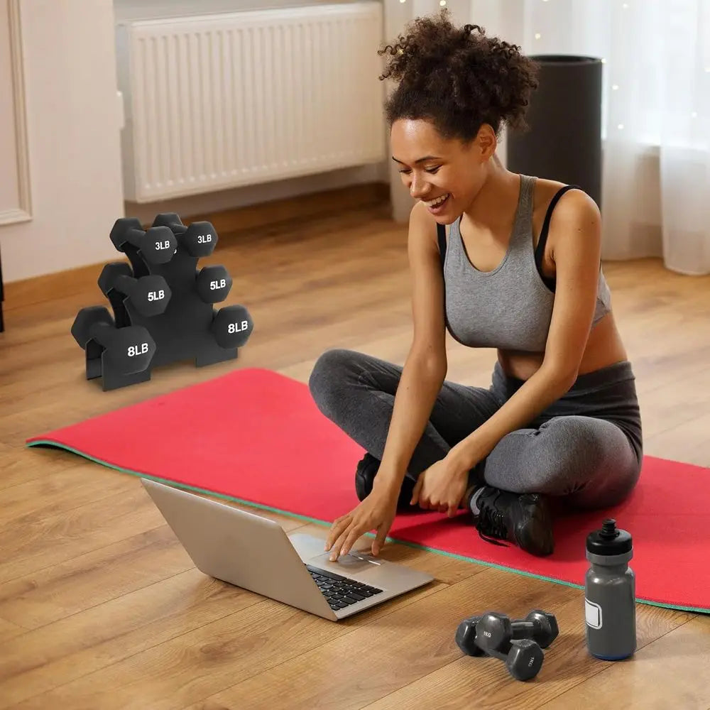Neoprene Dumbbell Set with Stand (3, 5 & 8 lb Pairs)