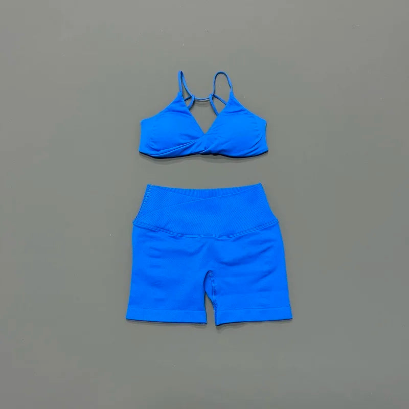 Halter Bra & Cross Waist Shorts Set – Butt Lifting Gym Set
