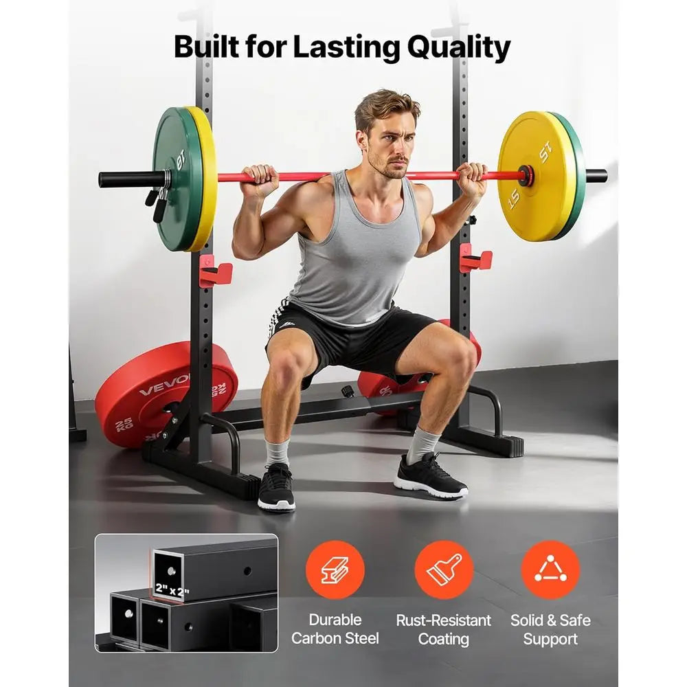 Adjustable Power Cage Squat Rack – 550 lb Capacity with Bar Storage & J-Hooks