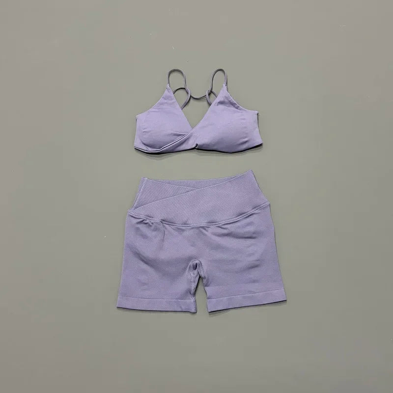 Halter Bra & Cross Waist Shorts Set – Butt Lifting Gym Set
