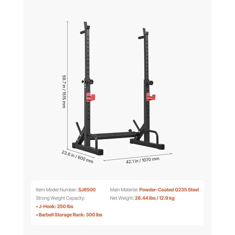 Adjustable Power Cage Squat Rack – 550 lb Capacity with Bar Storage & J-Hooks