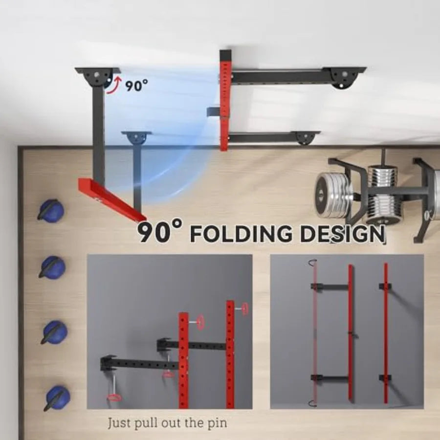 Wall Mounted Folding Squat Rack – 1,000 lb Capacity with Adjustable Pull-Up Bar & J-Hooks