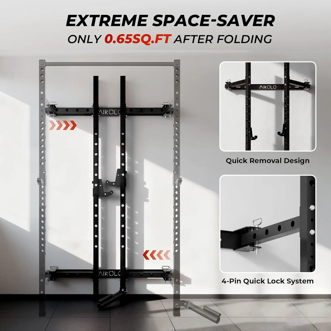 Folding Wall Mounted Squat Rack – 1,000 lb Capacity Power Rack with Pull-Up Bar & J-Hooks