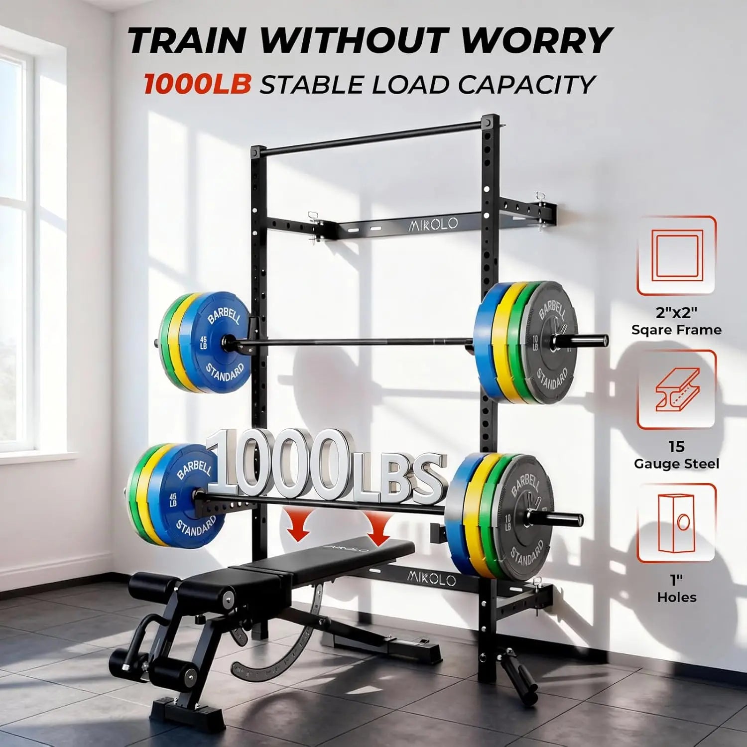 Folding Wall Mounted Squat Rack – 1,000 lb Capacity Power Rack with Pull-Up Bar & J-Hooks