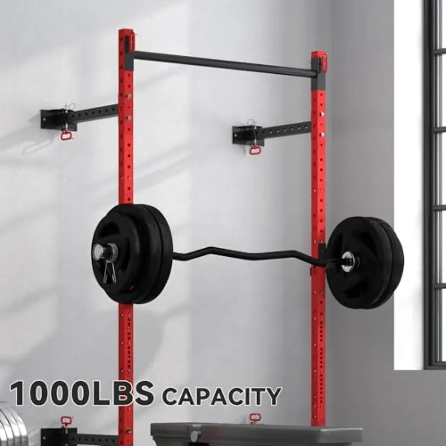 Wall Mounted Folding Squat Rack – 1,000 lb Capacity with Adjustable Pull-Up Bar & J-Hooks