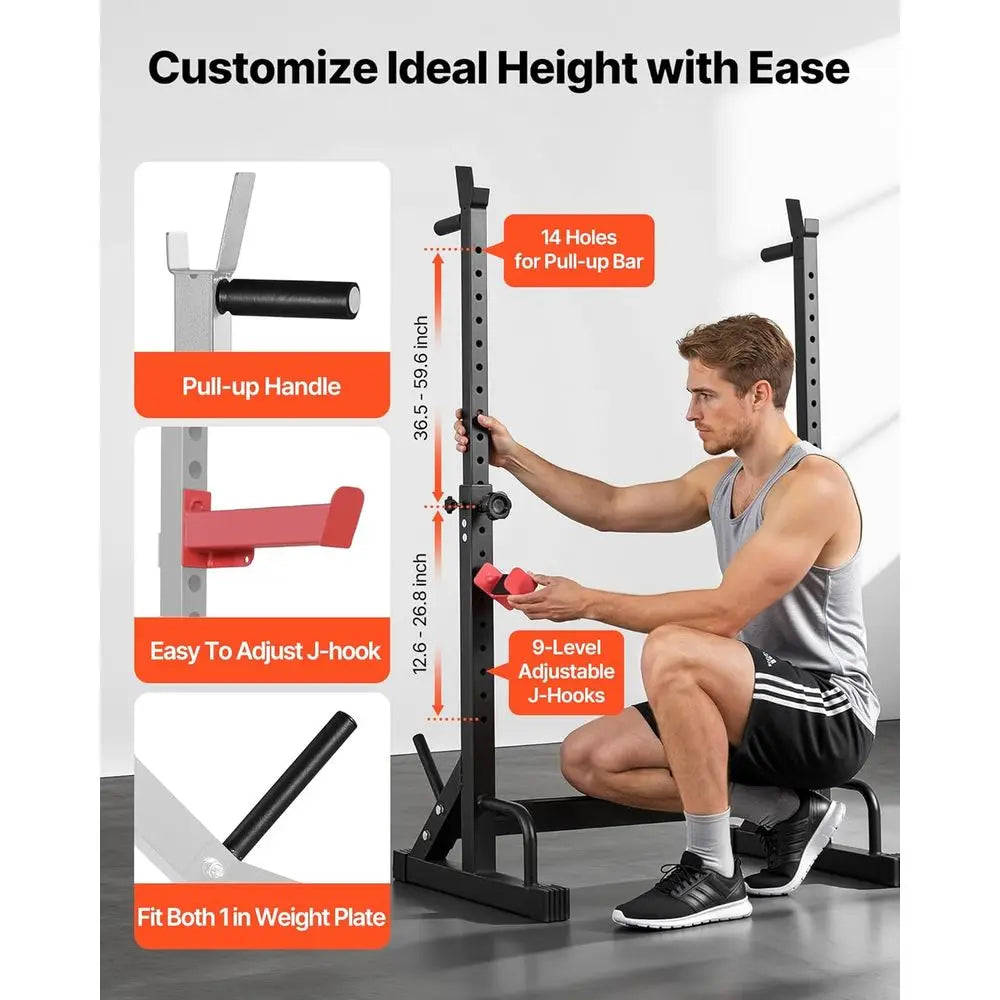 Adjustable Power Cage Squat Rack – 550 lb Capacity with Bar Storage & J-Hooks