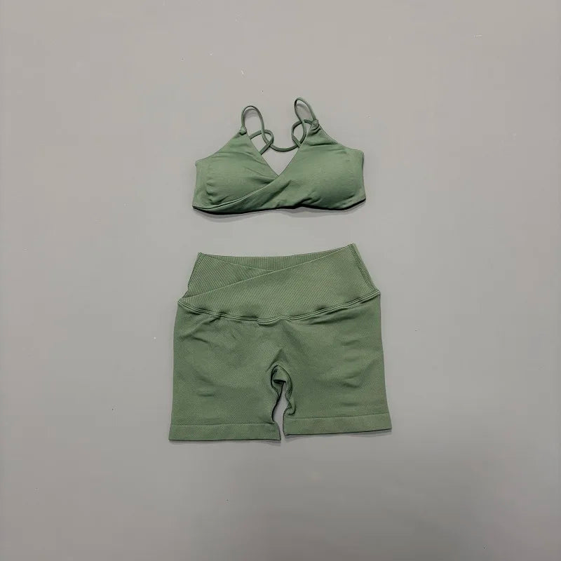 Halter Bra & Cross Waist Shorts Set – Butt Lifting Gym Set
