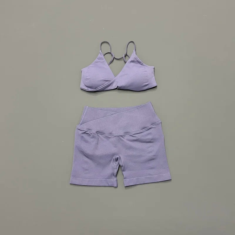 Halter Bra & Cross Waist Shorts Set – Butt Lifting Gym Set