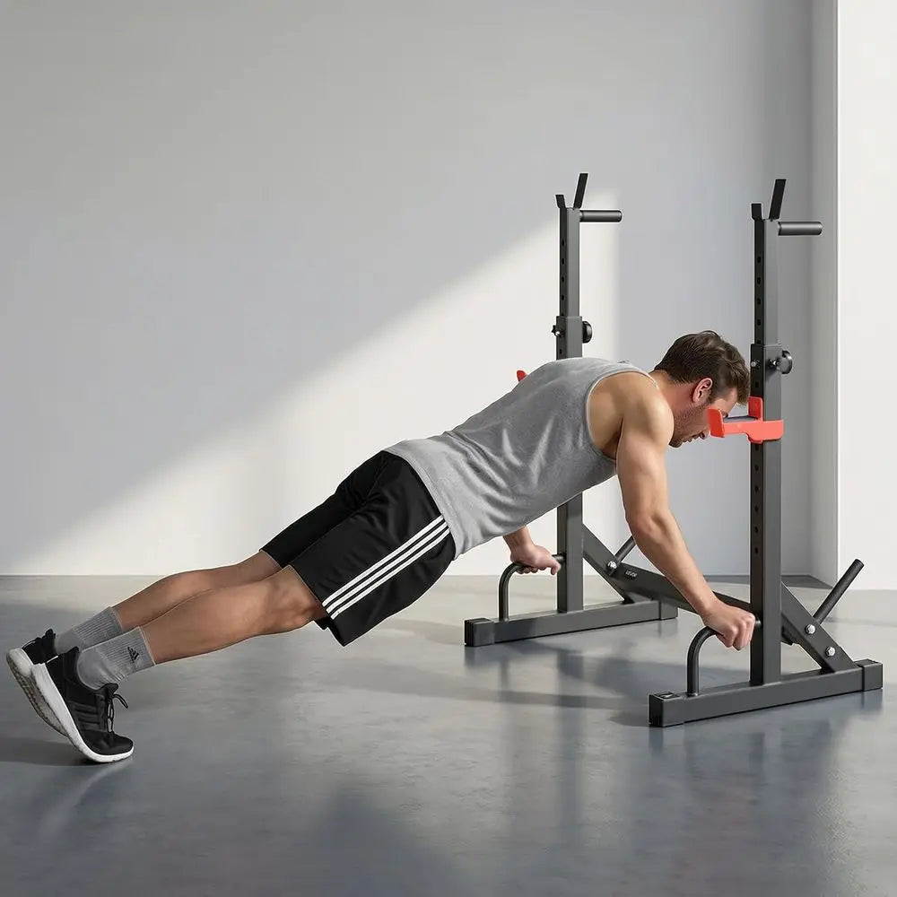 Adjustable Power Cage Squat Rack – 550 lb Capacity with Bar Storage & J-Hooks