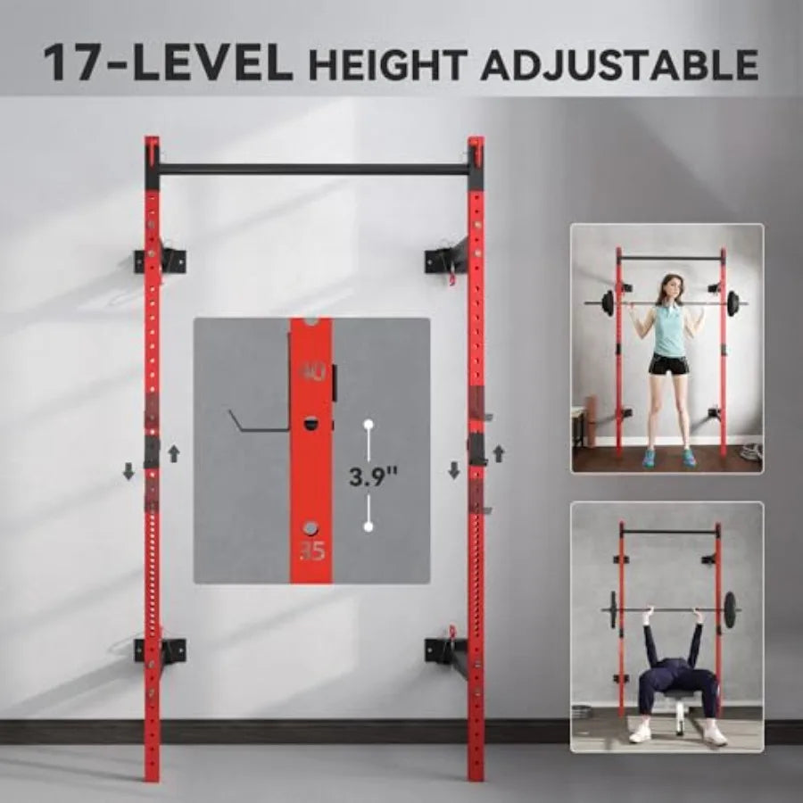 Wall Mounted Folding Squat Rack – 1,000 lb Capacity with Adjustable Pull-Up Bar & J-Hooks