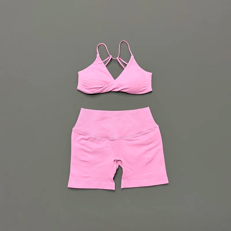 Halter Bra & Cross Waist Shorts Set – Butt Lifting Gym Set