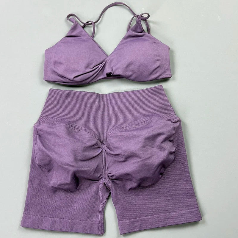 Halter Bra & Cross Waist Shorts Set – Butt Lifting Gym Set