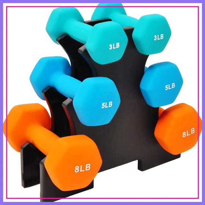 Neoprene Dumbbell Set with Rack – 3, 5 & 8 lb Pairs | Home Gym
