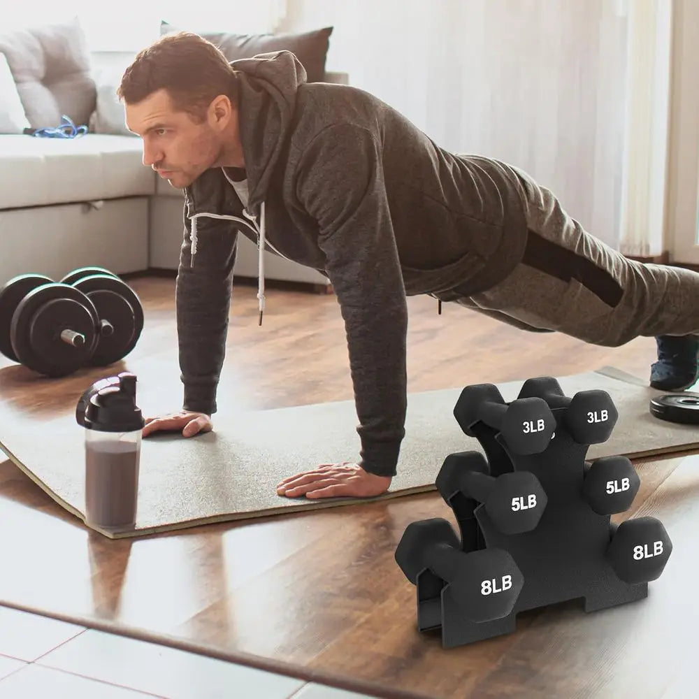 Neoprene Dumbbell Set with Stand (3, 5 & 8 lb Pairs)