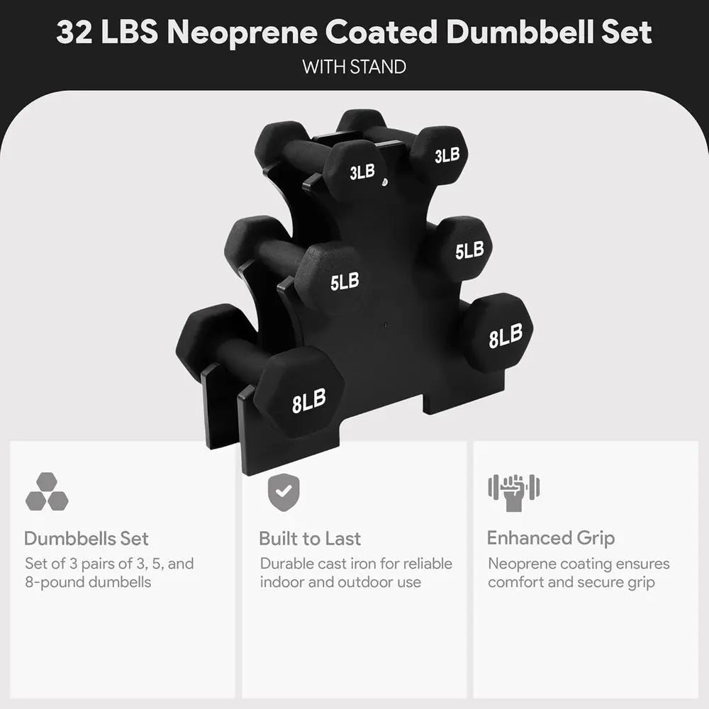 Neoprene Dumbbell Set with Stand (3, 5 & 8 lb Pairs)