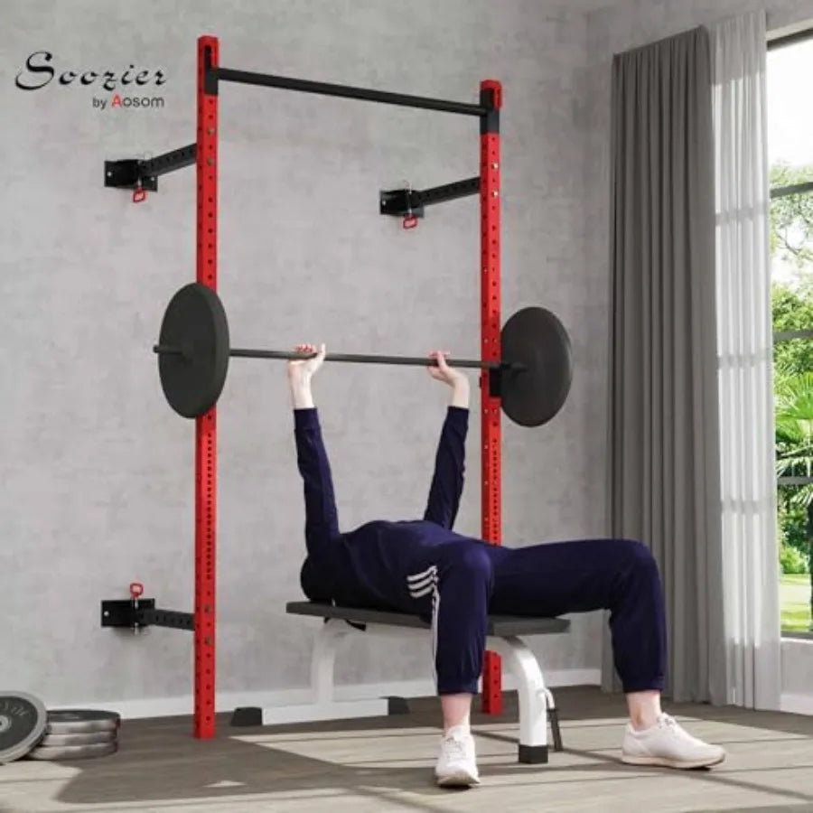 Wall Mounted Folding Squat Rack – 1,000 lb Capacity with Adjustable Pull-Up Bar & J-Hooks